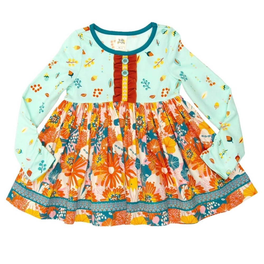 Wildflowers Floral Long Sleeve Top - Teal, Orange, Yellow